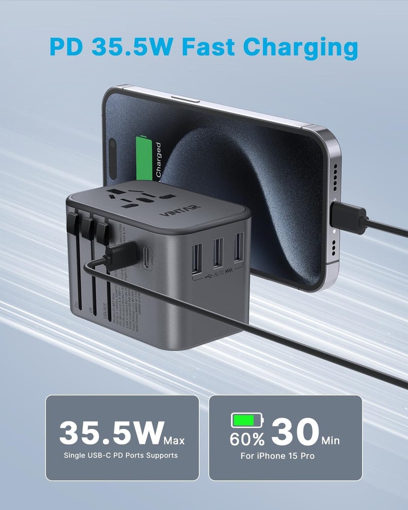 VINTAR Universal Travel Adapter, 35.5W International Power Adapter with 3 USB A QC and 2 USB C PD, All in One Plug Adapter Worldwide Travel Essentials for EU/UK/USA/AUS(Type C/G/A/I), Silver - Image 2